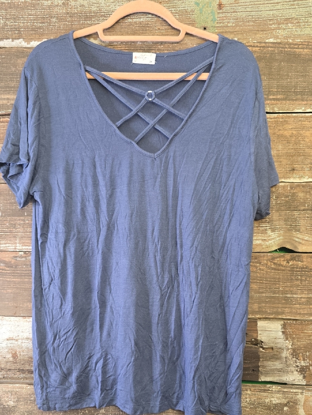 Glitz Crisscross V-Neck Short Sleeve Top - Slate Blue, Size 2X